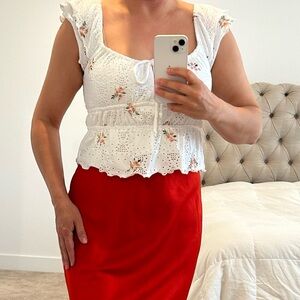 KIRIOUS LA White Floral Eyelet Tie-Front Peplum Crop Top summer spring M Medium